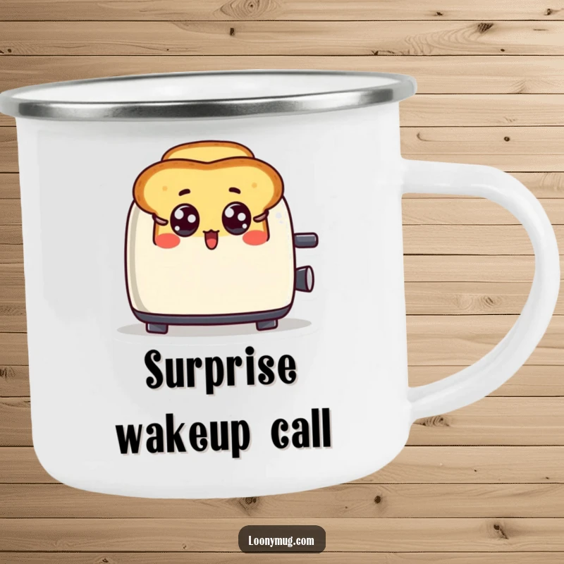 Funny camping mug showing a surprised toast character leaping out of a toaster, perfect for outdoor humor.
