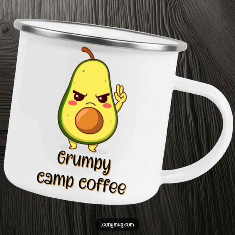 Funny camping mug showing a grumpy avocado character giving a reluctant high-five, for humorous outdoor enjoyment.
