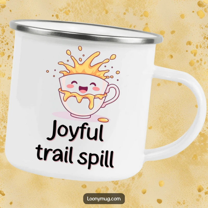 Funny camping mug featuring a cheerful teacup character joyfully spilling its contents in a vibrant explosion.