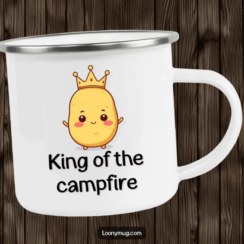 Funny camping mug showing a proud potato wearing a small, crooked crown, perfect for outdoor enjoyment.