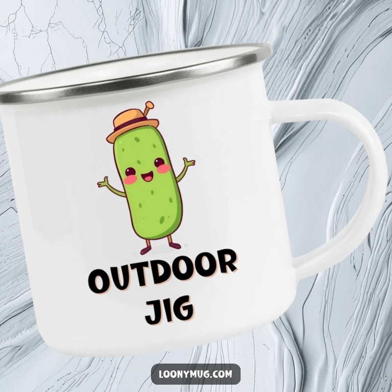 Funny camping mug with a dancing pickle wearing a top hat, perfect for hot drinks and outdoor fun.