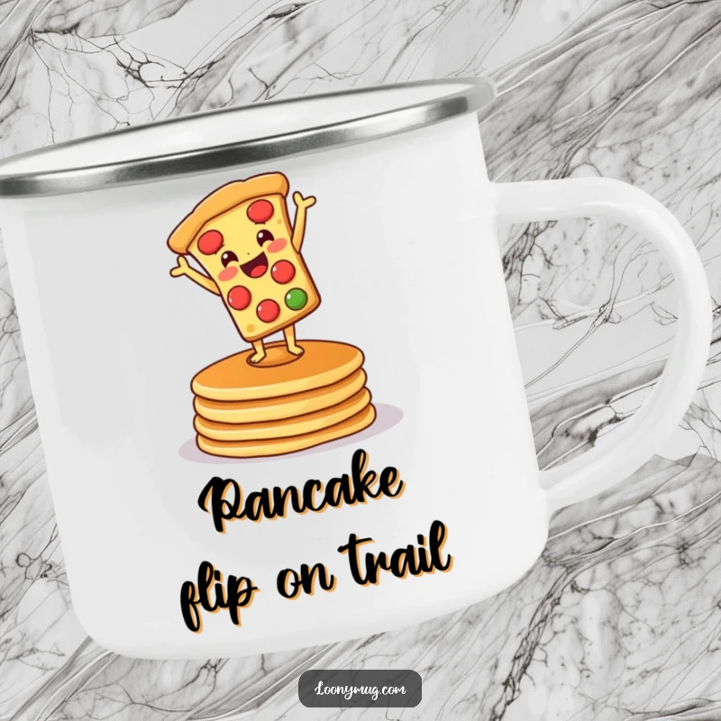Funny camping mug featuring a pizza doing a handstand on pancakes, built for ruggedness and adding breakfast humor to outdoor adventures.