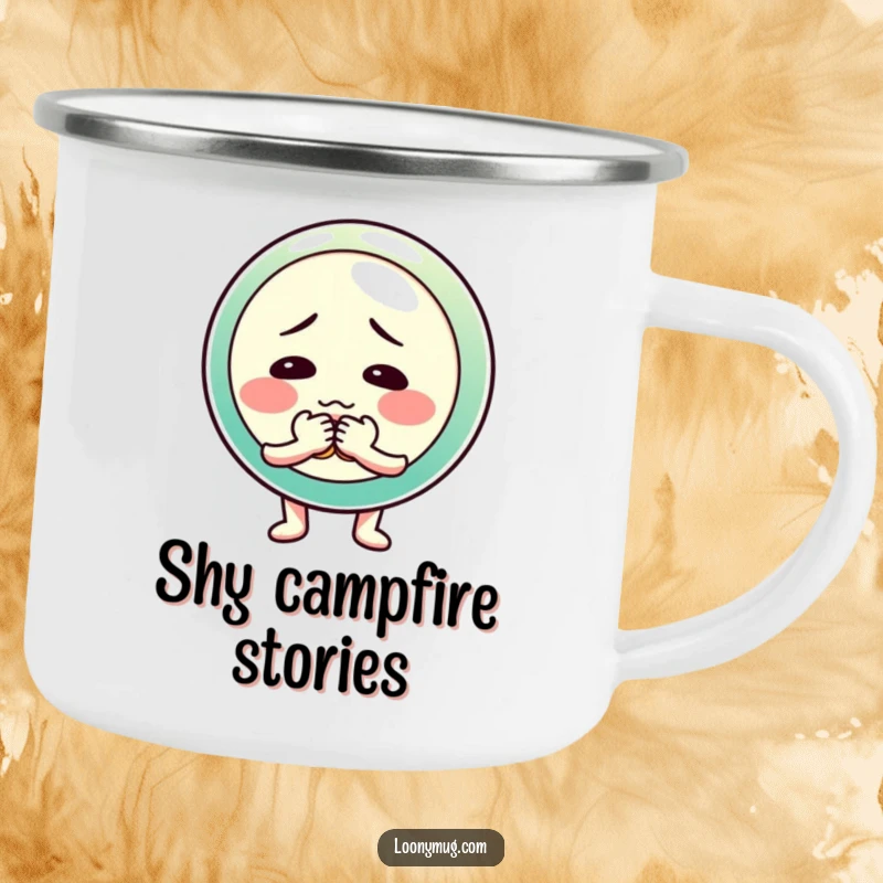 Funny camping mug showing a shy button character fumbling with its buttons, for humorous outdoor enjoyment.
