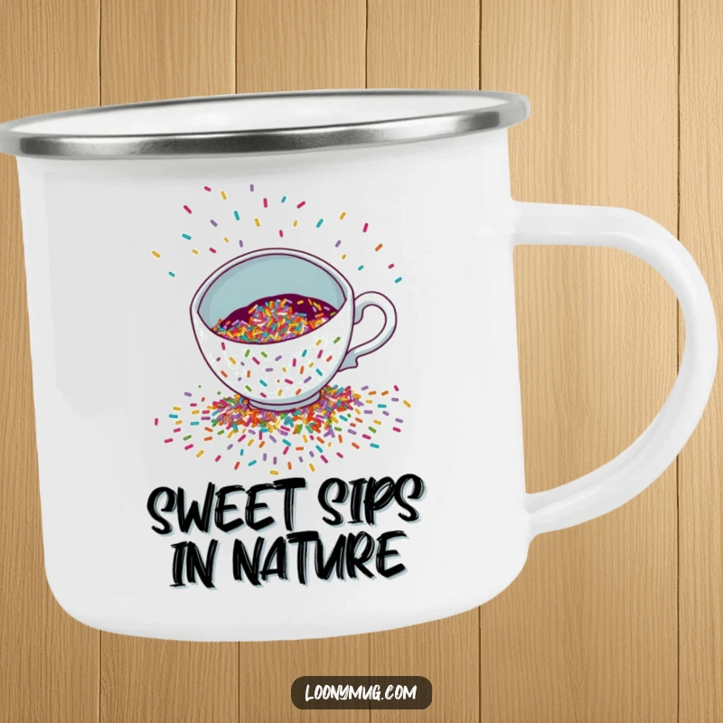 Funny Camping Mug showing a mischievous teacup spilling a colorful cascade of sprinkles, designed for festive outdoor fun.