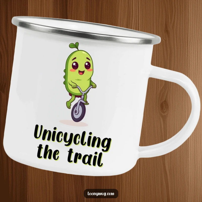 Funny camping mug showing a mischievous pickle character riding a unicycle with flair in an outdoor setting.