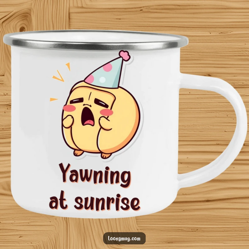 Funny camping mug showing a sleepy hot dog character yawning with a tiny party hat in a camping setting.