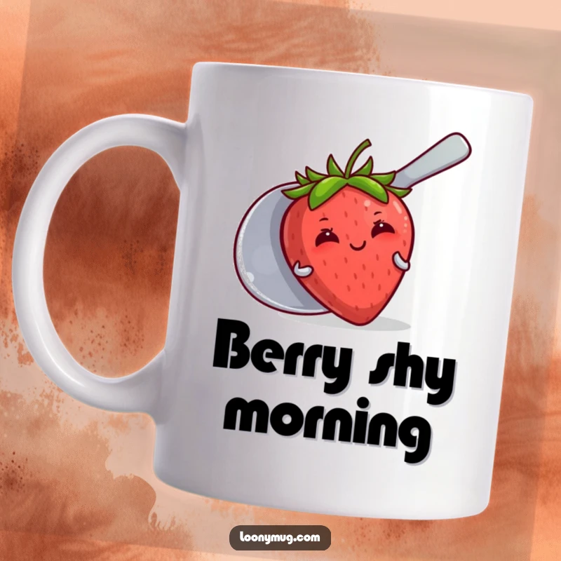 Funny mug illustrating a blushing strawberry comically hiding behind a giant spoon, conveying shyness and sweetness.