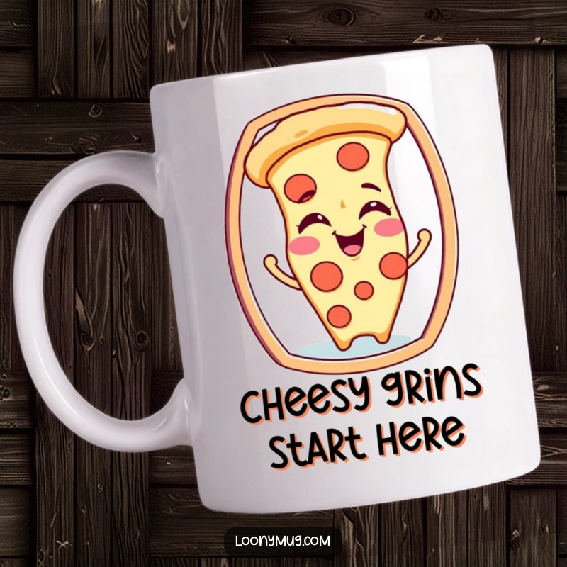 Funny mug with a giggling pizza slice character making various silly faces at its reflection in a mirror.