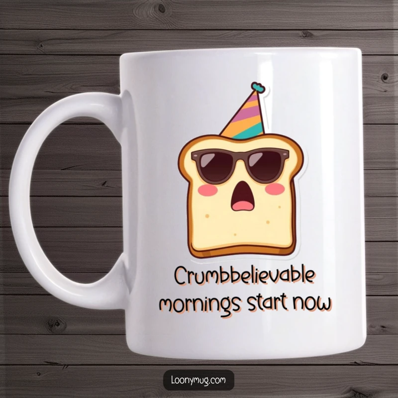 Funny mug featuring a surprised slice of toast with sunglasses and a party hat, ready for a wild, hilarious celebration.