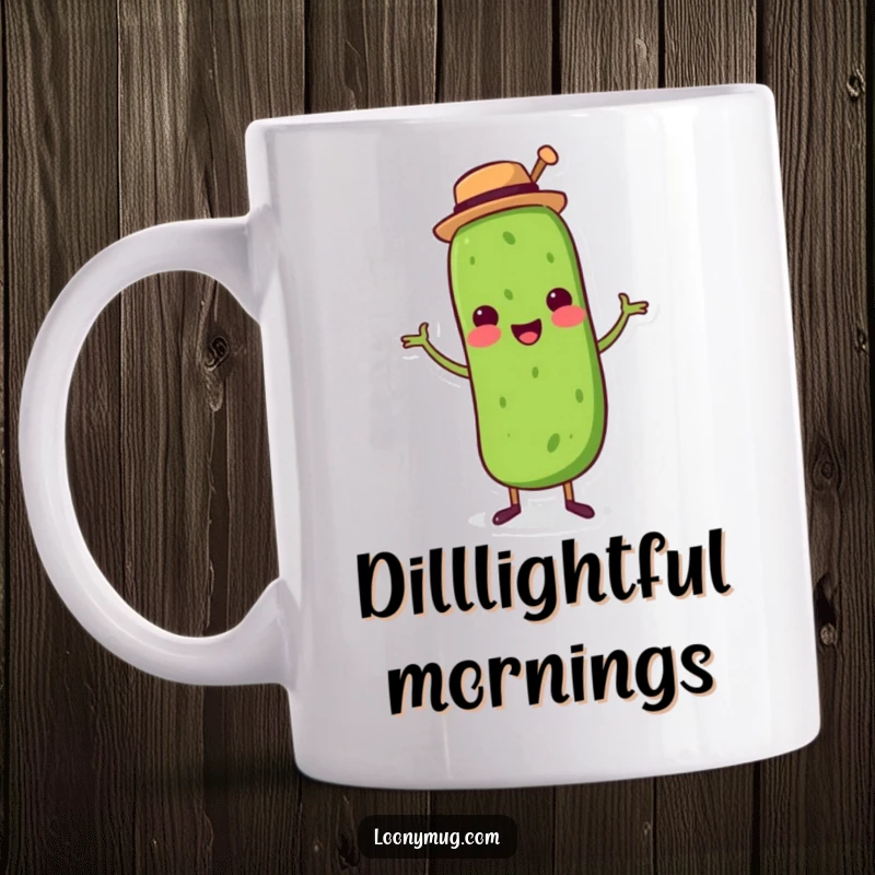 Funny mug design of a happy dancing pickle wearing a tiny top hat, spreading joy and humor.