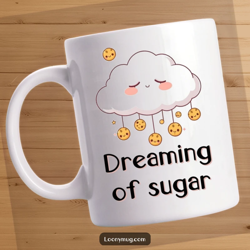 Funny sleepy cloud dreaming of raining cookies, looking peaceful and whimsical on this mug. A delightful and humorous gift.
