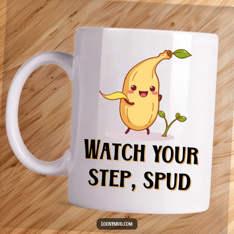 Funny mug showing a mischievous banana peel about to trip a happy potato sprout, depicting a cartoonish food fight.