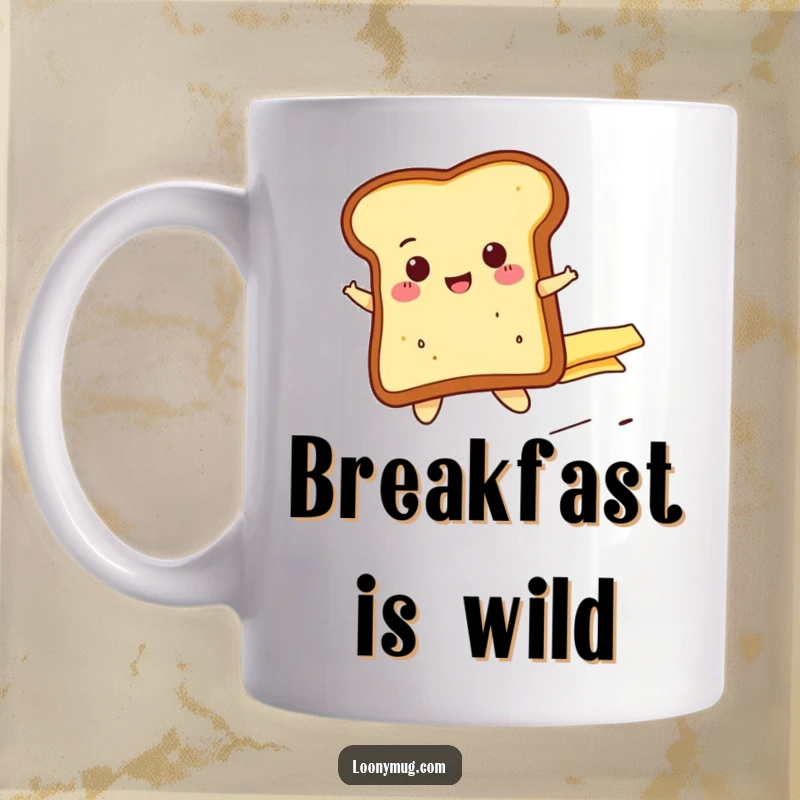 Funny cheerful toast slice attempting to ride a runaway butter pat, looking excited on this mug. A delightful and humorous gift.