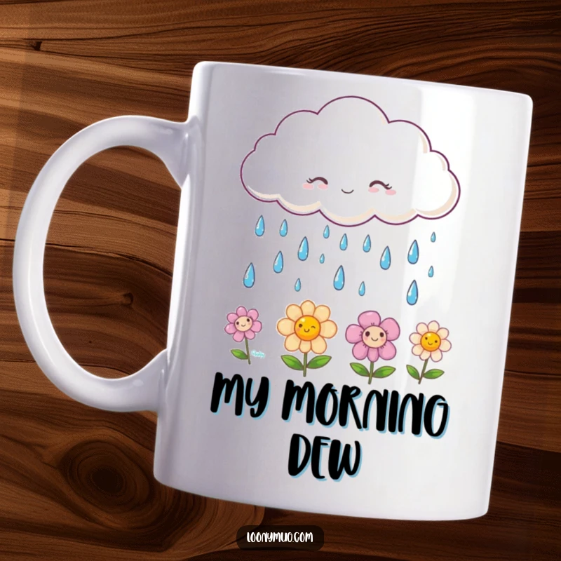 Funny mug with a fluffy cloud raining smiling raindrops onto cheerful, happy flowers, symbolizing joy and positivity.
