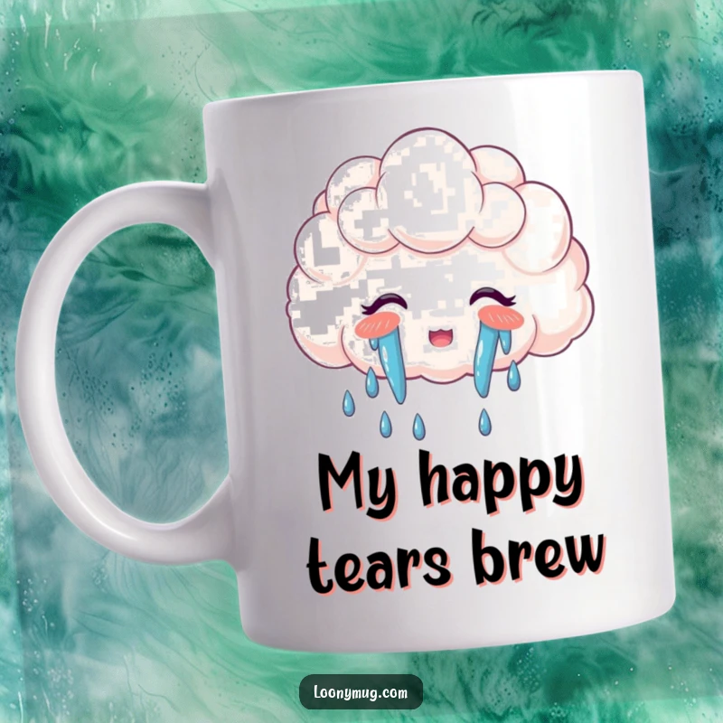 Funny cloud mug crying vibrant rainbow tears of pure joy, symbolizing happiness and good fortune, a perfect whimsical gift.