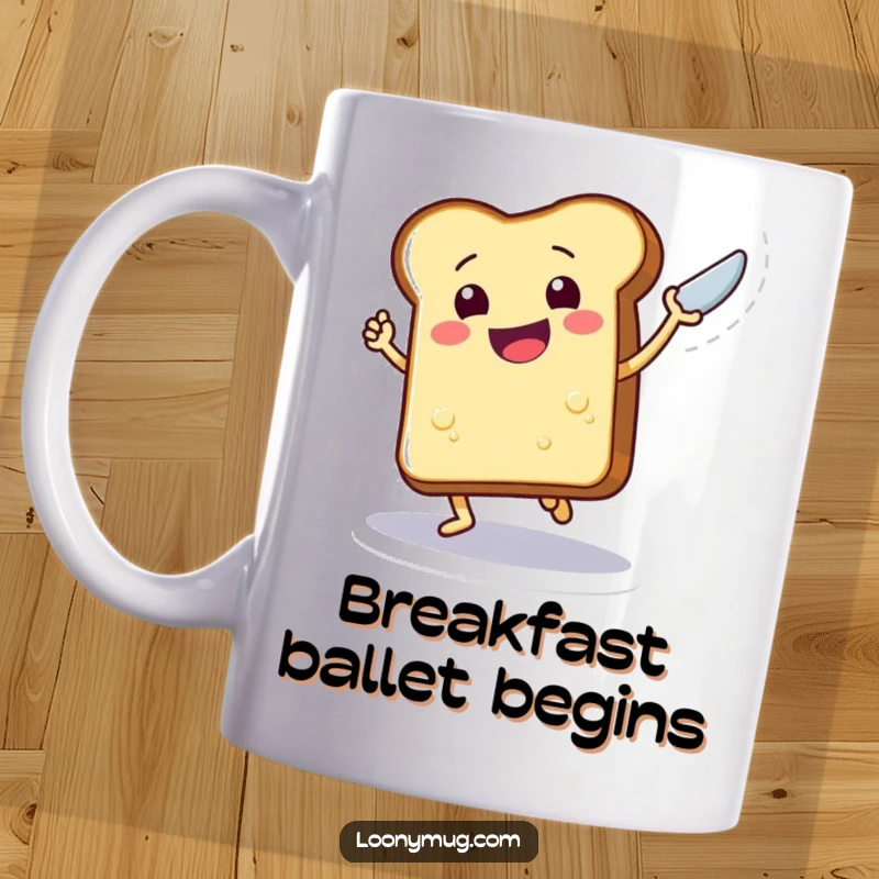 Funny mug depicting a cheerful, dancing slice of toast with a happy face, excitedly brandishing a shiny butter knife in its crusty hand.