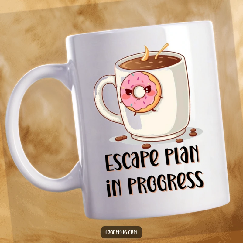Funny grumpy donut attempting to escape a giant coffee mug, looking determined and comical on this mug. A great funny gift.