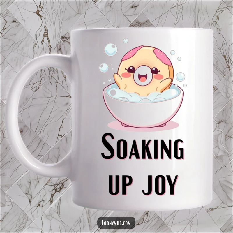 Funny mug featuring a happy donut character blissfully floating in a bubbly bath, radiating sheer joy and relaxation.