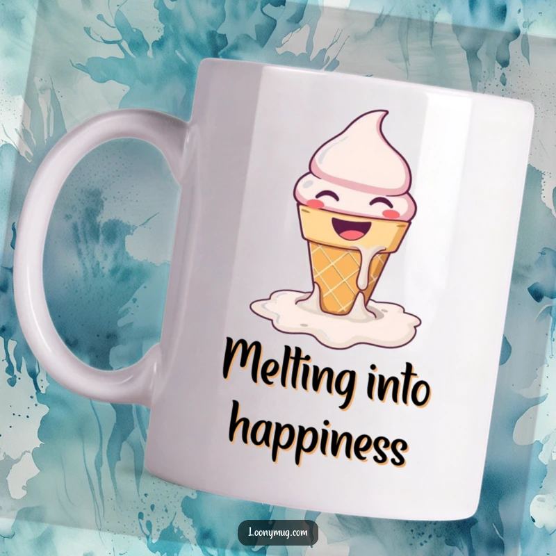 Funny grinning ice cream cone melting into a puddle of joy, depicted cheerfully on this delightful mug.