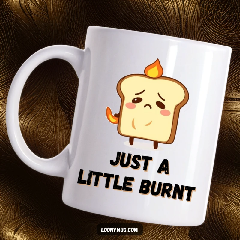 Funny mug of a nervous slice of toast attempting to extinguish a small fire on its back, a humorous gift.