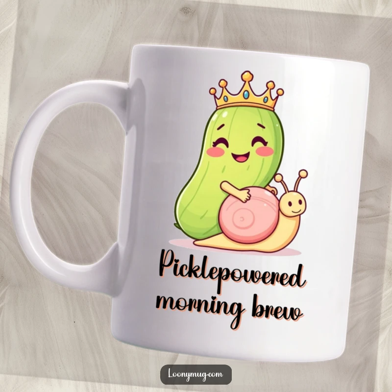 Funny mug: a proud, grinning pickle adorned with a small crown confidently rides atop a slow-moving snail, exuding quirky royalty.