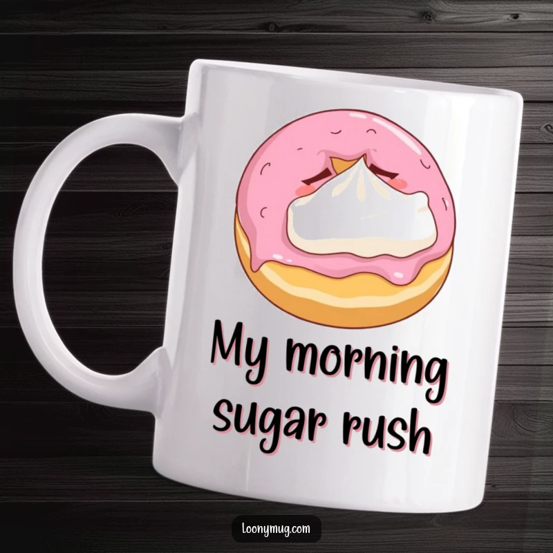 Funny mug with a sleepy donut hugging a whipped cream pillow, showcasing ultimate comfort and sugary dreams.