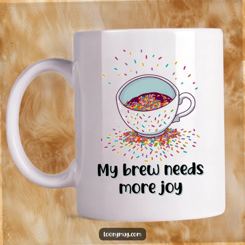 Funny Mug featuring a mischievous teacup dramatically spilling a cascade of colorful sprinkles, creating a festive, scattered pattern.