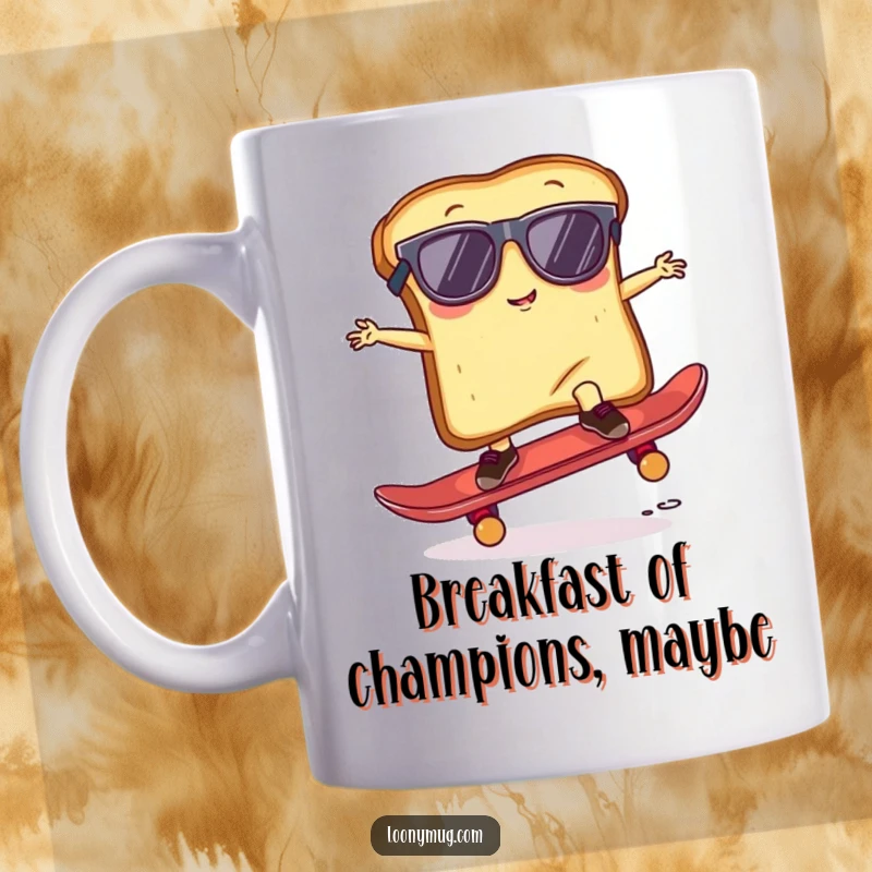 Funny Mug featuring a slice of toast wearing sunglasses, trying to balance on a skateboard, mid-trick, looking cool but clumsy.
