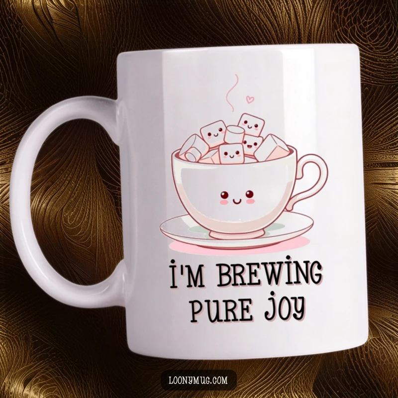 Funny Mug featuring a happy teacup overflowing with tiny, energetic marshmallows joyfully dancing, embodying pure fun.