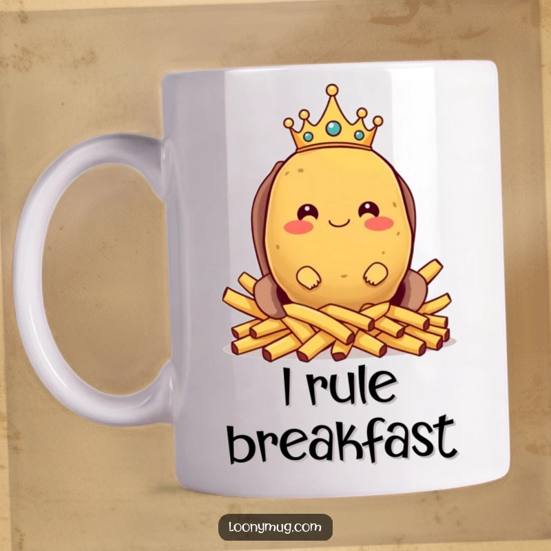 Funny mug showing a proud potato with a small crown, sitting regally on a throne made of french fries, a humorous culinary icon.