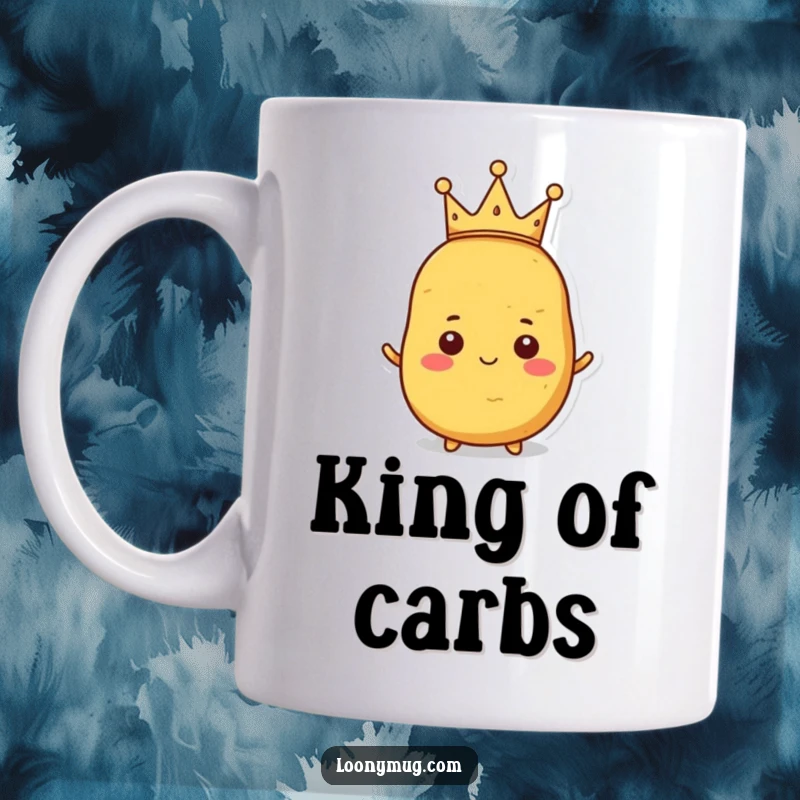 Funny mug featuring a proud potato holding up a small, crooked crown, exuding humorous royal charm.