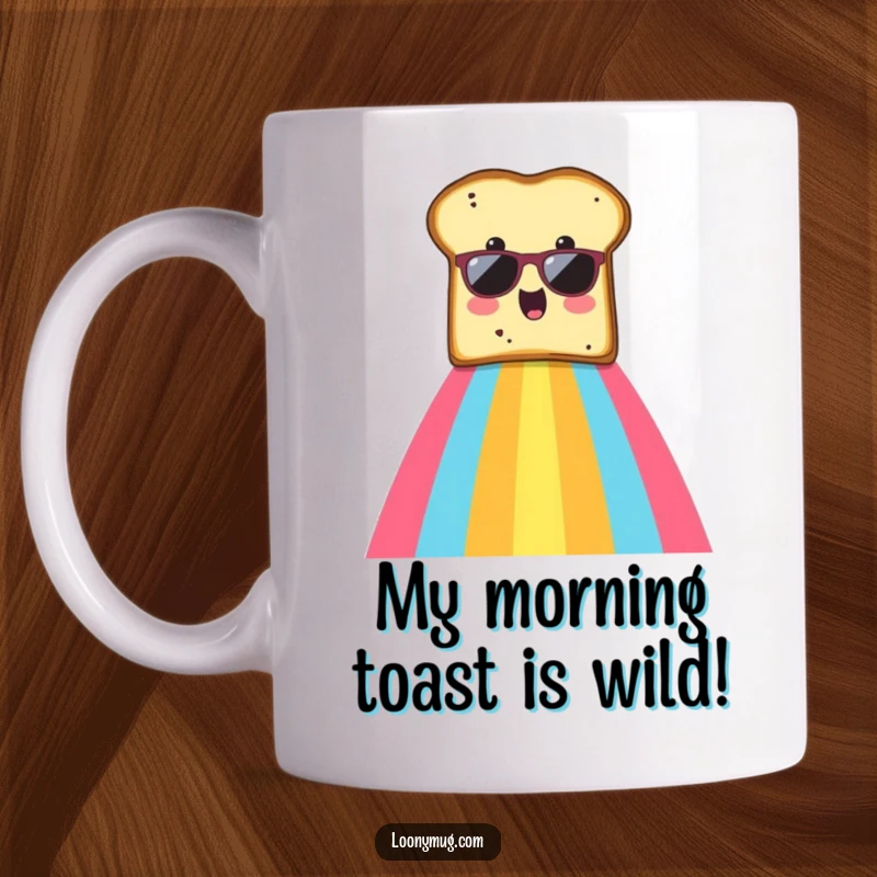 Funny mug showing a surprised slice of toast wearing cool sunglasses sliding hilariously down a vibrant rainbow.