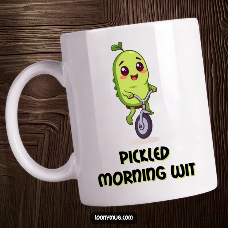 Funny mug featuring a mischievous pickle character skillfully riding a tiny unicycle with impressive flair.