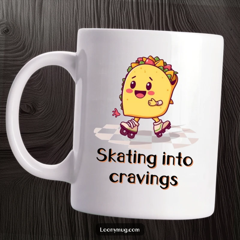 Funny cheerful taco wearing roller skates, zooming on a checkered floor, on a mug, vibrant and humorous design.