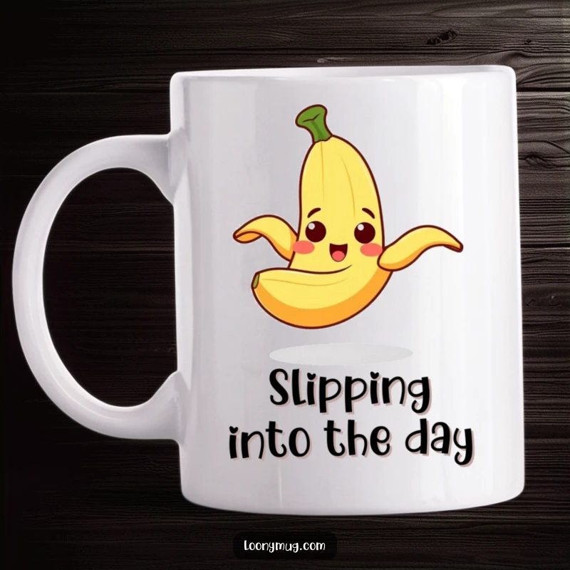 Funny Mug featuring a cheerful banana peel comically slipping on itself with a surprised expression, a classic gag.