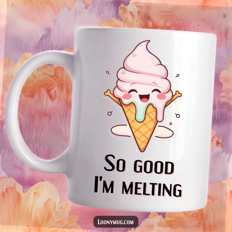 Funny ice cream cone mug character melting dramatically with sheer, uncontainable joy, dripping with happiness.
