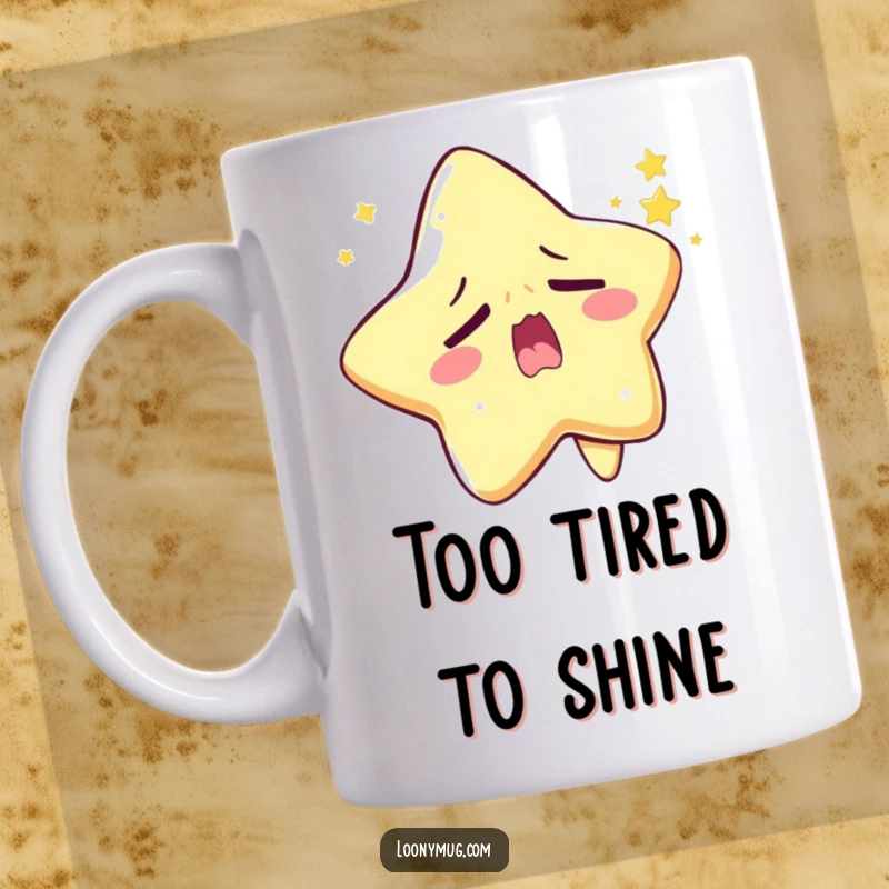 Funny sleepy star mug character yawning widely while attempting to twinkle, a humorous celestial wake-up call.