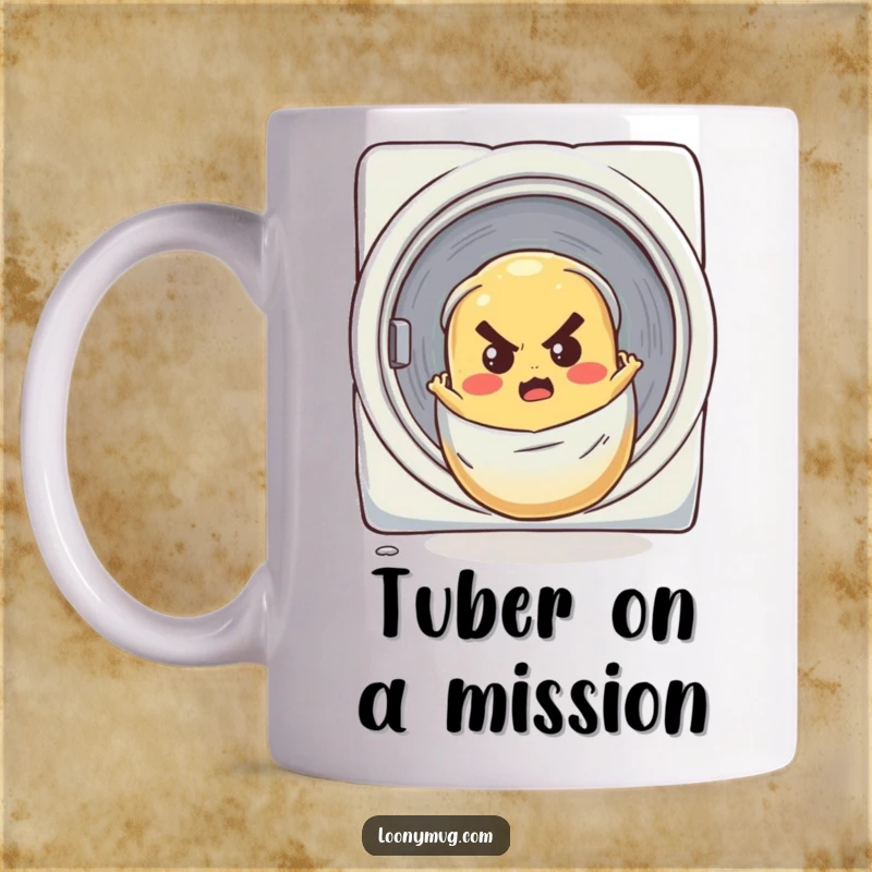Funny mug showing a determined potato comically rolling down a laundry chute with a serious expression, a unique gift.