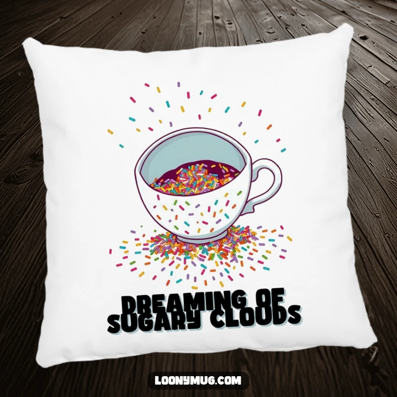 Funny Pillow featuring a plush teacup spilling a colorful cascade of sprinkles, offering cozy, festive humor.