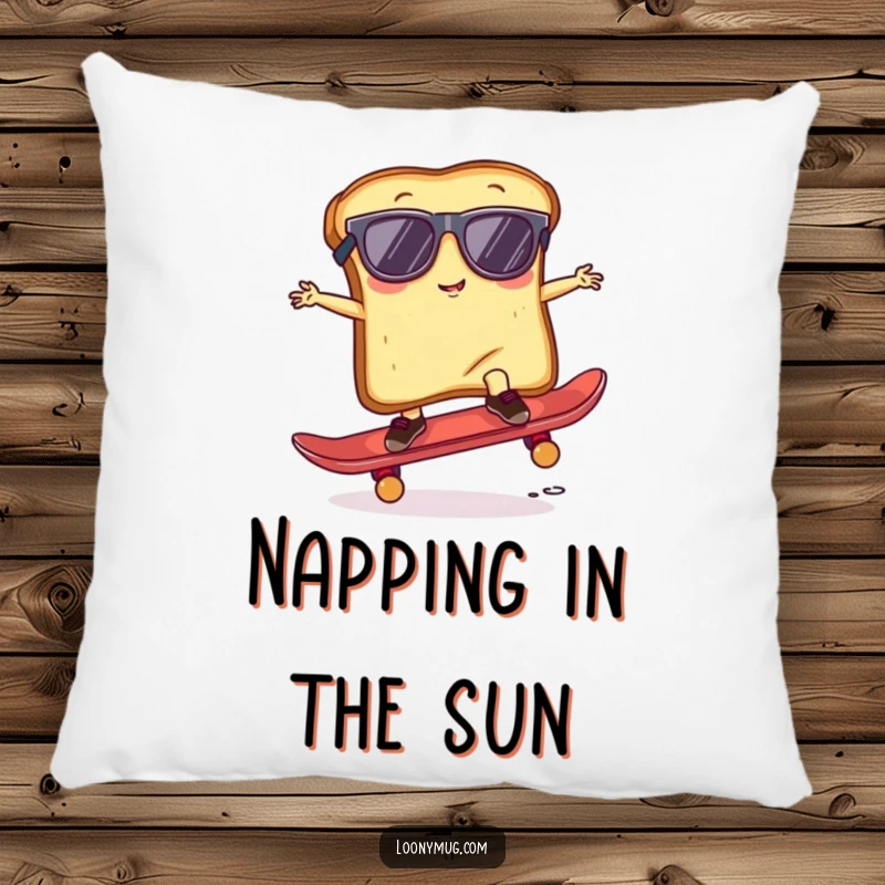 Funny Pillow featuring a plush slice of toast with sunglasses, attempting a skateboard trick, offering cozy, rad humor.