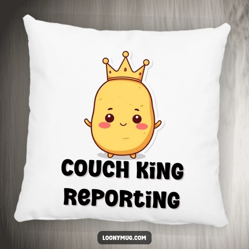 Funny pillow designed as a proud potato wearing a small, crooked crown, offering comfort and charm.