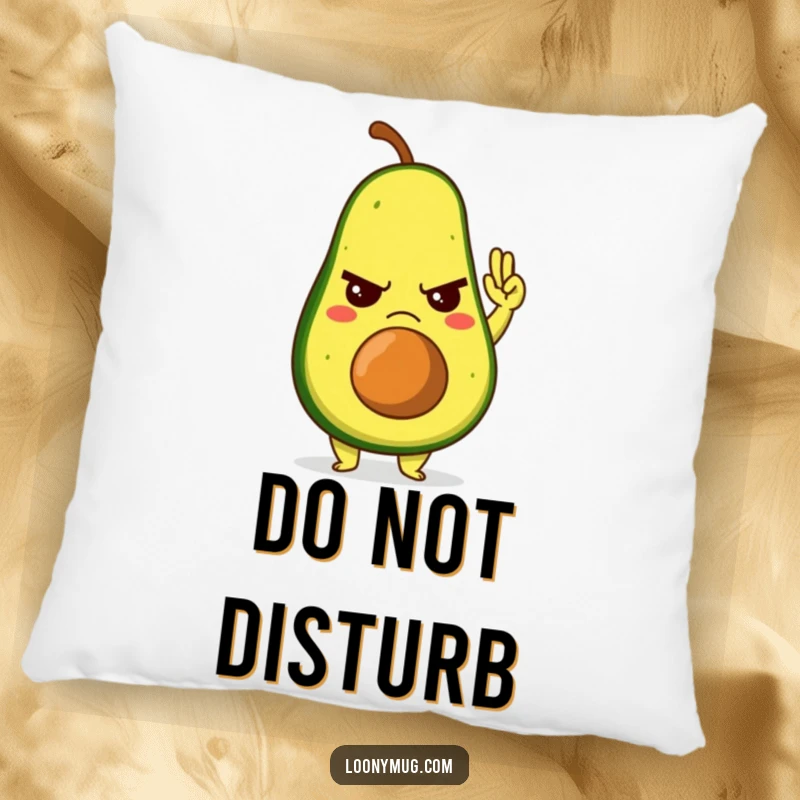 Funny pillow with a grumpy avocado character offering a reluctant high-five, designed for comfort and humorous appeal.