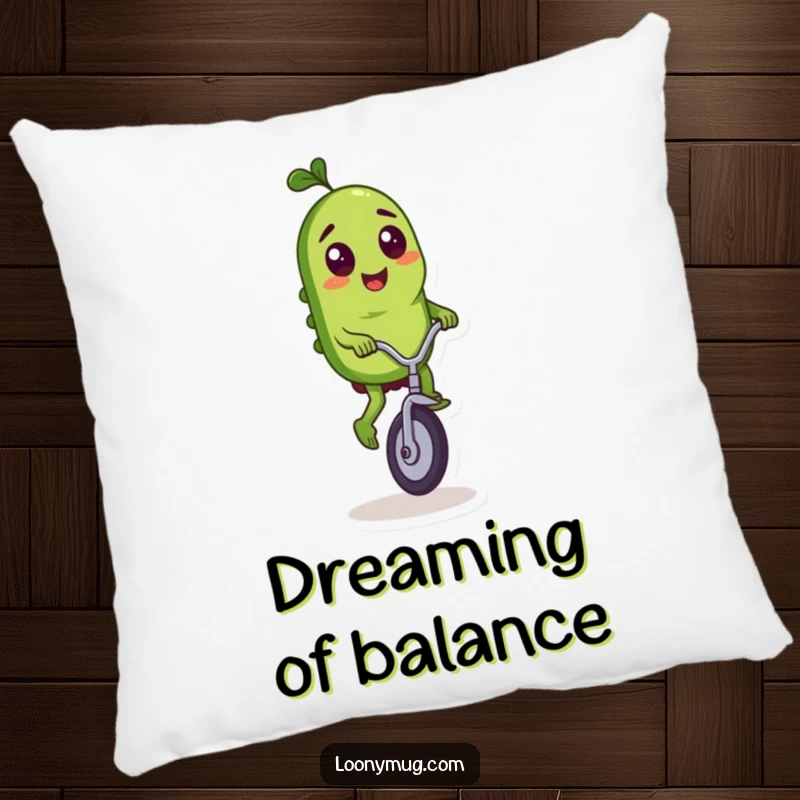 Funny pillow featuring a mischievous pickle character riding a tiny unicycle with impressive balance and style.