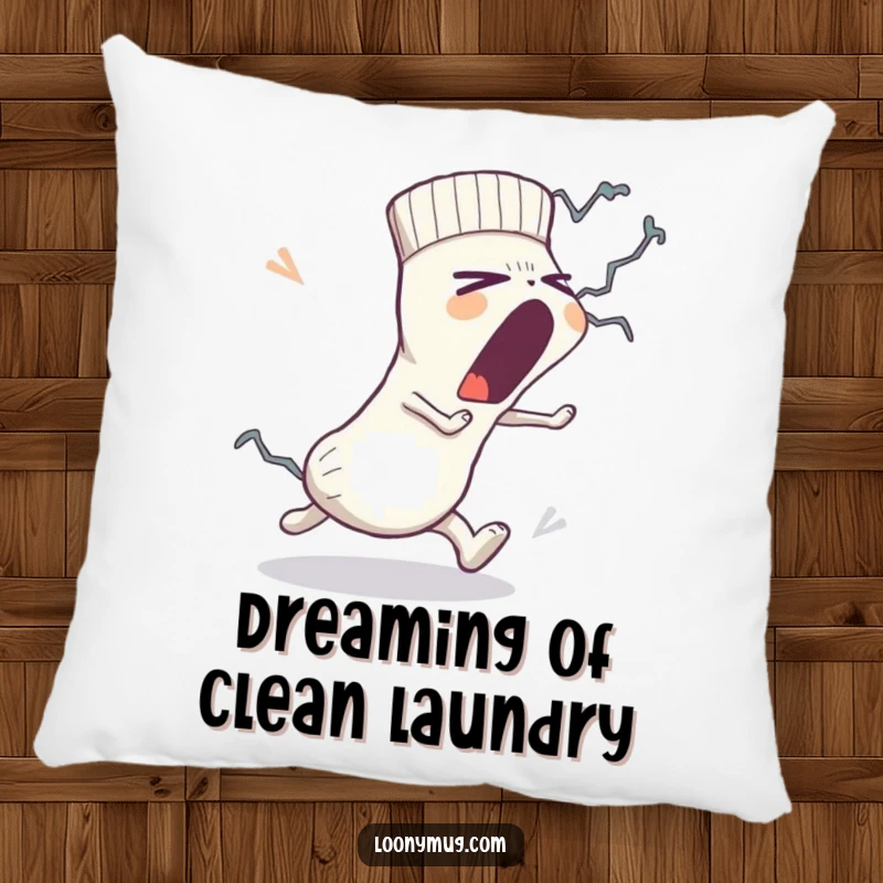Funny pillow design: a sleepy sock yawns big while a lint monster pursues it, offering soft comfort and a humorous touch to any room.