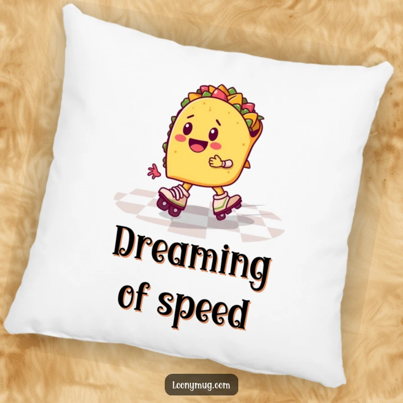Funny taco on roller skates, zooming across a checkered floor, on a soft pillow, bringing fun and comfort.
