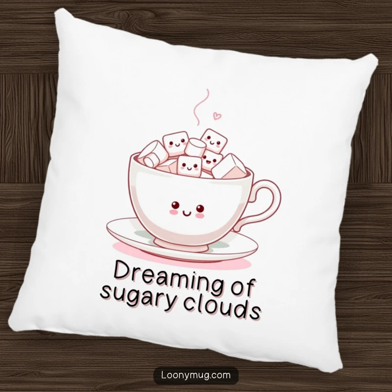 Funny Pillow showcasing a happy teacup brimming with small, lively marshmallows in a delightful dance, adding comfort and humor.