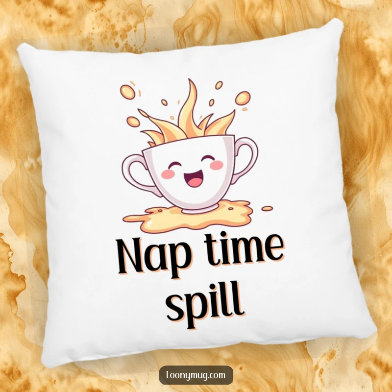 Funny pillow with a cheerful teacup character spilling its contents due to extreme excitement, designed for comfort and cheer.
