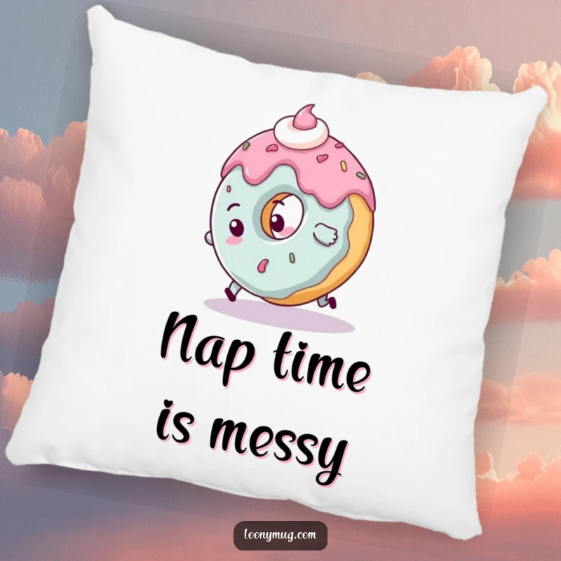 Funny clumsy donut pillow character tripping over its frosting, a comfortable and humorous accent.