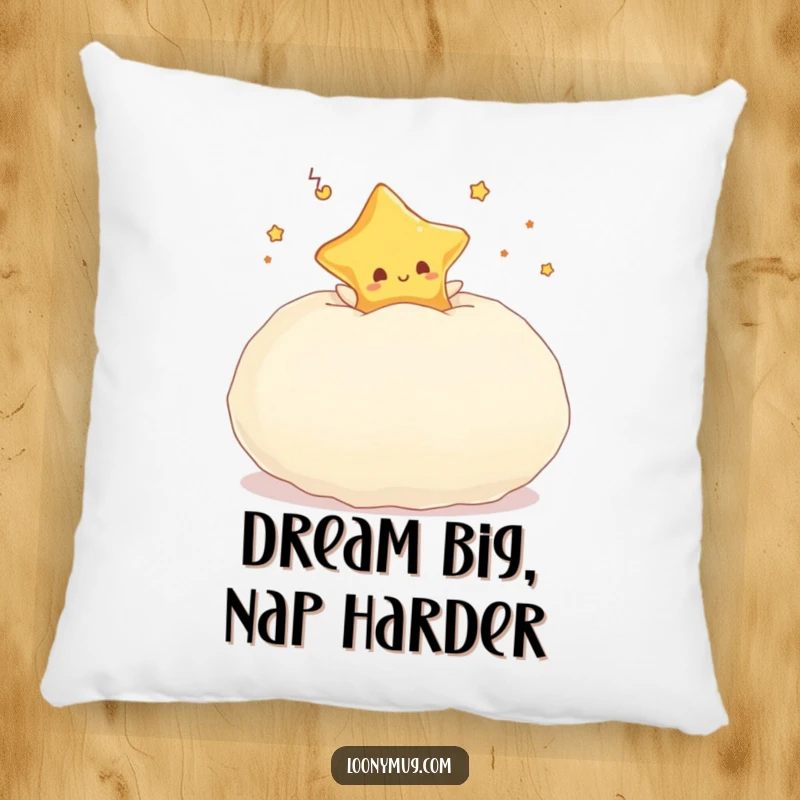 Funny pillow featuring a dreaming star character joyfully bouncing on a large, exceptionally fluffy pillow.