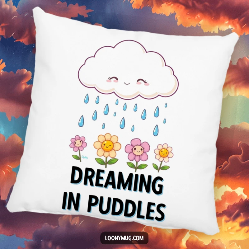 Funny pillow with a fluffy cloud raining smiling raindrops onto garden happy flowers, perfect for adding cheerful comfort to any space.